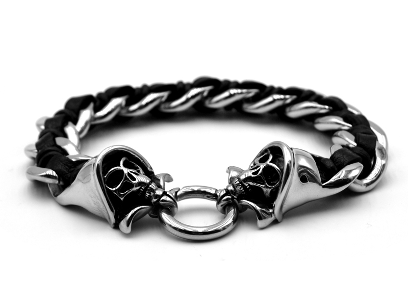 Edelstahlarmband mit Leder "Skully"