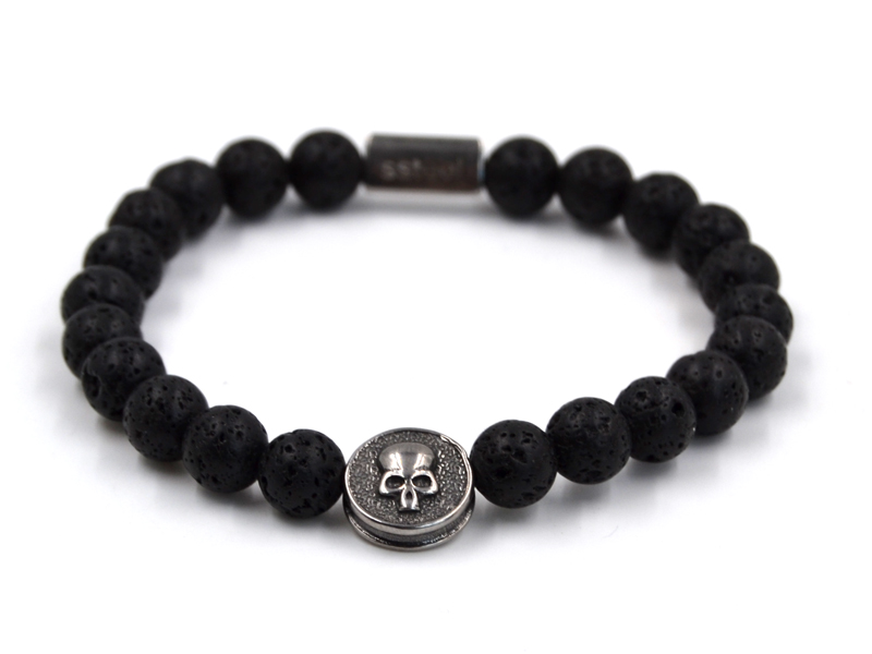 Lavararmband mit Edelstahlbeads Totenkopf