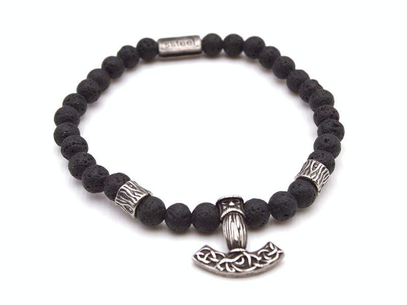 Lava Armband mit Edelstahl Beads "Thorshammer" (ca. 23,5cm)