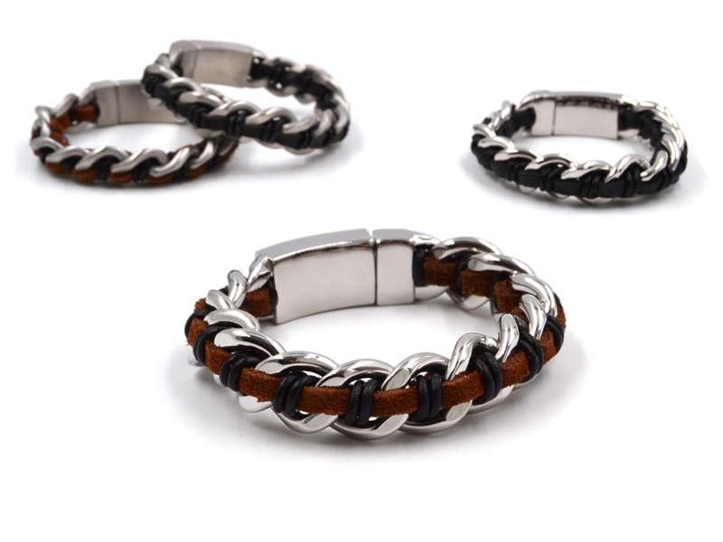 EDELSTAHLARMBAND MIT LEDER