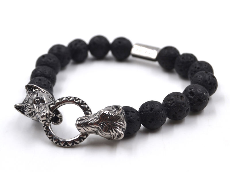 Lavaarmband mit Edelstahl "Wolf"