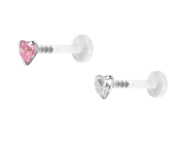 BIOPLAST LABRET WITH JEWELLED HEART SILVER ATTACHMENT