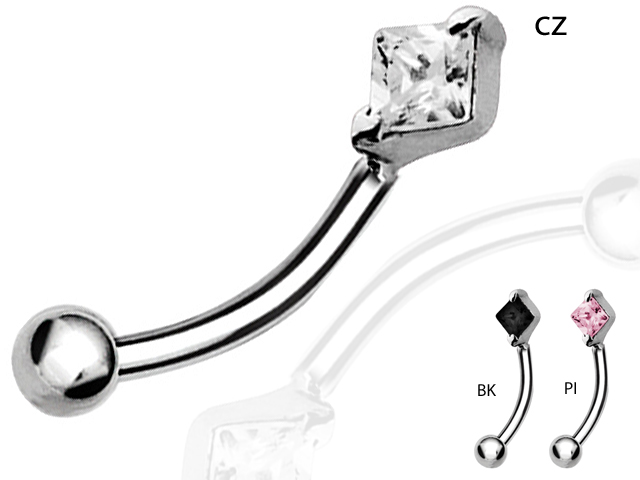 SS316L EYEBROW BANANA W. 3MM SQQARE CUBIC ZIRCONIA (PRONG SET)