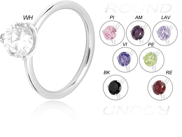 SS316L STEEL RING W. 8MM ROUND CUBIC ZIRCONIA