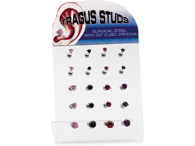 DISPLAY WITH TRAGUS BARBELL (ROUND PI, BK,RE, AM 20PCS.+1FREE)