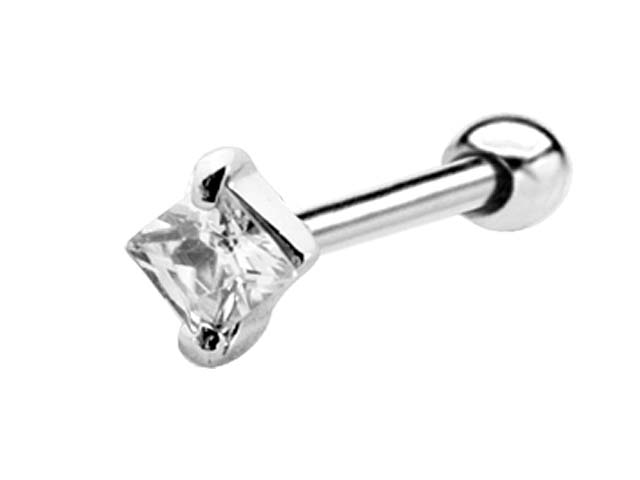 SS316L TRAGUS BARBELL W. 3MM SQUARE CUBIC ZIRCONIA (PRONG SET)