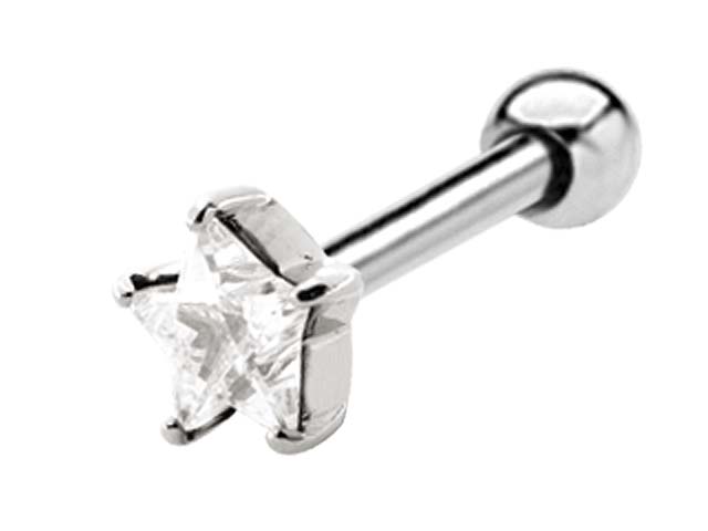 SS316L TRAGUS BARBELL W. 3MM STAR CUBIC ZIRCONIA (PRONG SET)