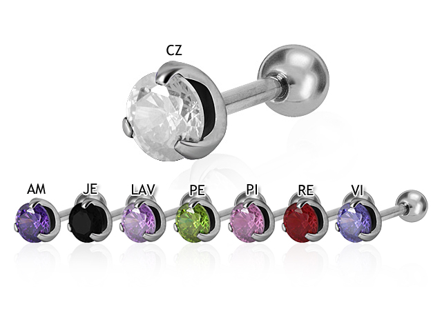SS316L TRAGUS BARBELL W. ROUND CUBIC ZIRCONIA (PRONG SET)