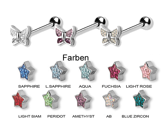 SS316L BARBELLS WITH CRYSTAL ATT. (GLOSS FINISH BUTTERFLY)