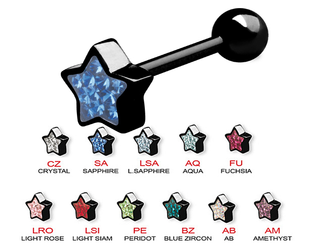 SS316L BLACK STEEL BARBELLS WITH CRYSTAL ATT. (GLOSS FINISH STAR