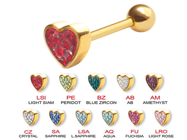 SS316L GOLD PVD BARBELLS WITH CRYSTAL ATT. (GLOSS FINISH HEART)