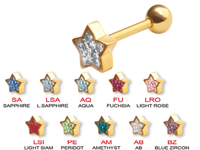 SS316L GOLD PVD BARBELLS WITH CRYSTAL ATT. (GLOSS FINISH STAR)