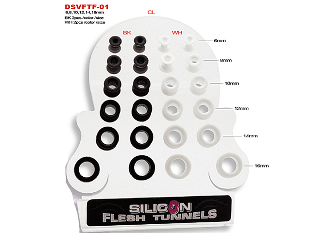 DISPLAY WITH SILICON FLARED FLESH TUNNELS (6-16MM)