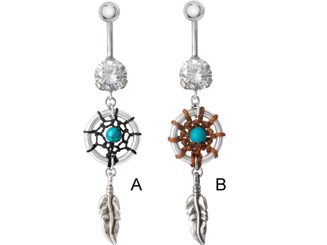 SS316L BANANA WITH 8MM ROUND CZ DANGLE (DREAM CATCHER)