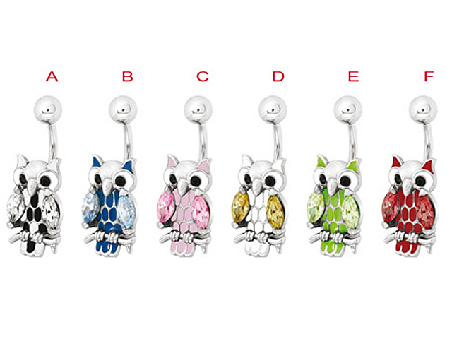 316L CASTING NAVEL PIERCING - JEWLLED OWL W. ENAMEL