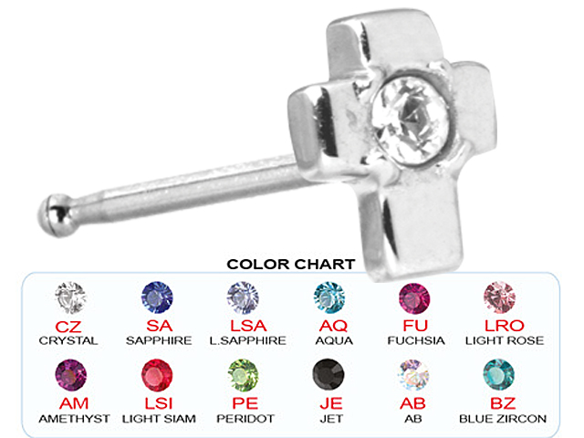 SS316L STEEL CASTING NOSE STUD BONE (JEWELLED CROSS)