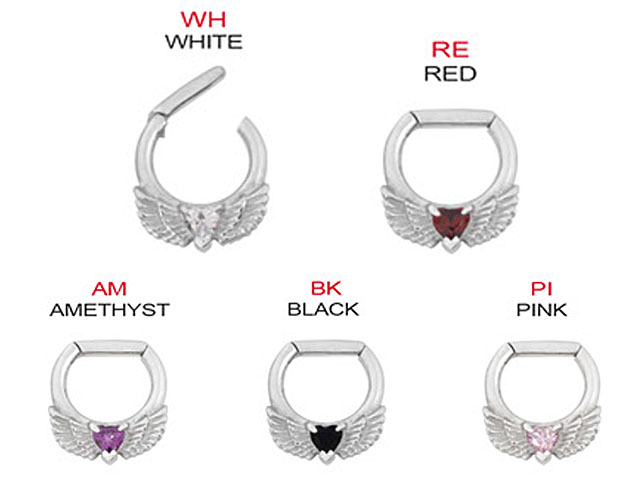 SS316L CASTING JEWELLED SEPTUM RING WING WITH HEART CZ