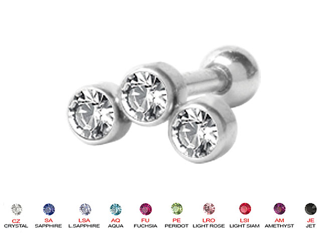 SS316L TRAGUS BARBELL JEWELLED DISCS - 3MM CUPS (SETTING)