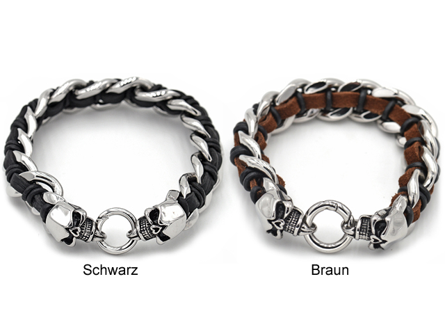 Edelstahlarmband "Skull" mit Leder (23 x 1 cm)
