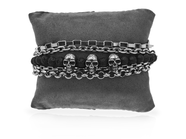 Edelstahlarmband "Skull" mit Leder und Lavaballs