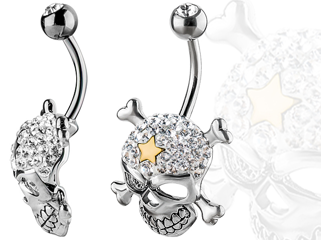 TITANIUM SWAROVSKI CRYSTAL SKULL W.CROSSBONE BANANA