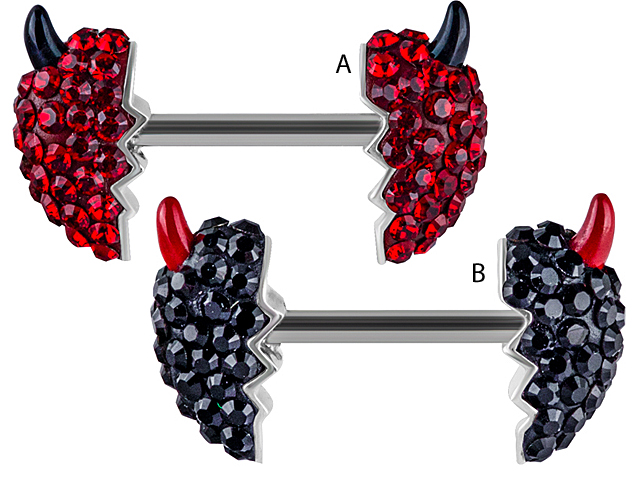 925 SILVER WITH TITANIUM & CRYSTALS DEVILHEART NIPPLE BARBELL