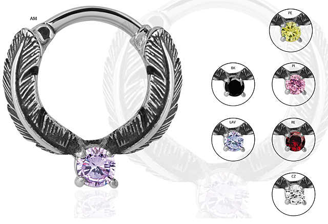 SS316L JEWELLED HINGED RING (FEATHER W.CZ)