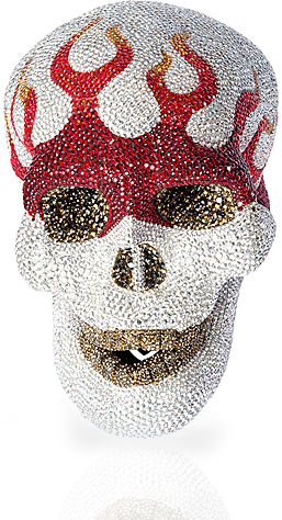 CRYSTAL SKULL SHOWPIECE (BIKER STYLE W. FLAMES)