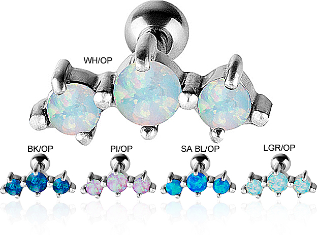 SS316L JEWELLED HELIX BARBELL W. SYNTHETIC OPAL (RD/CABx3 SETTIN