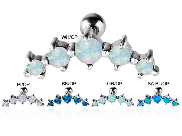 SS316L JEWELLED HELIX BARBELL W. SYNTHETIC OPAL (RD/CABx5 SETTIN