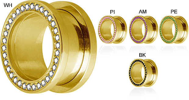 GOLD PVD JEWELLED FLESH TUNNELS W. PAVE SETTING