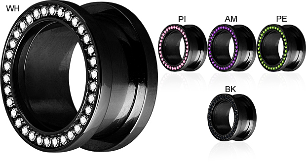 BLACK STEEL JEWELLED FLESH TUNNELS W. PAVE SETTING