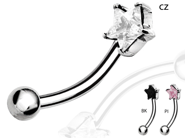 SS316L EYEBROW BANANA W. 3MM STAR CUBIC ZIRCONIA (PRONG SET)