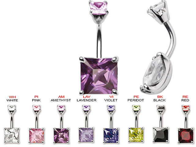 DOUBLE JEWELED SS316L BANANA W. 8&4MM SQUARE CZ (PRONG SET)