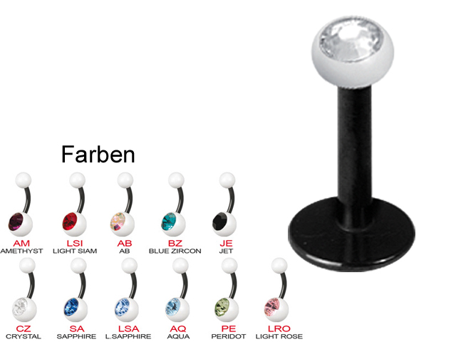 SS316L BLACK STEEL MICRO LABRET WITH ENAMEL JEWELLED  BALL
