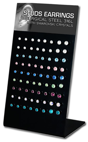 MIX COLOR CRYSTAL DISC EAR STUDS (36 PAIR DISPLAY)