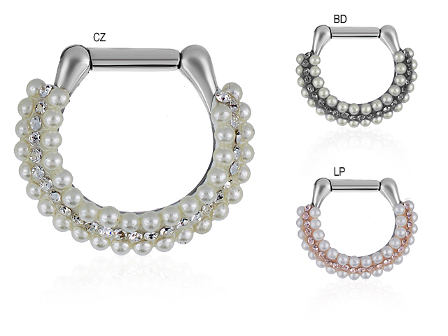 SS316L SEPTUM CLICKER W. SWAROVSKI® CRYSTALS A. PEARLS (FREE SET