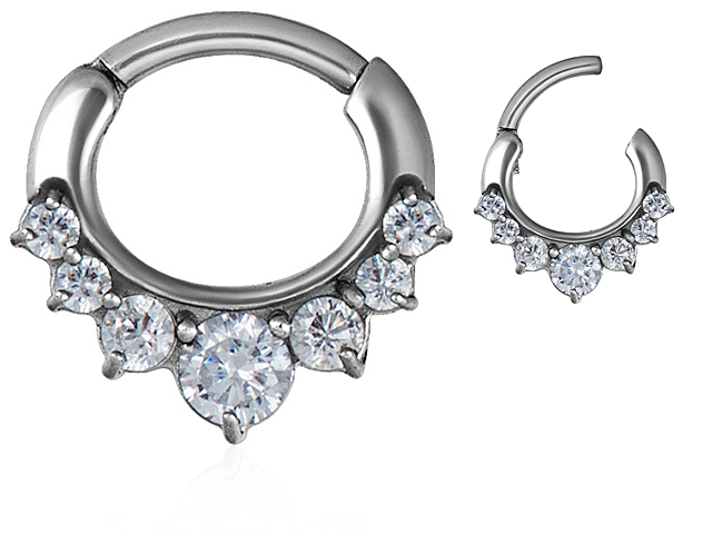 SS316L JEWELLED SEPTUM CLICKER.  CURVED BAR, 5 CUBIC, PRONG SET.
