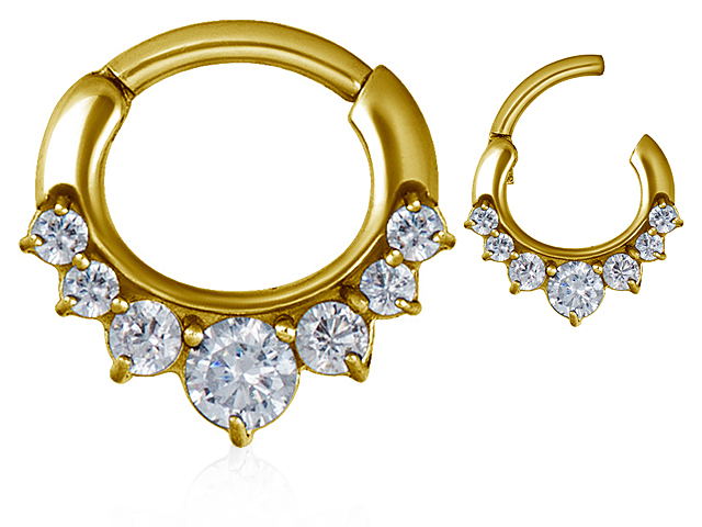 GOLD PVD STEEL JEWELLED SEPTUM CLICKER.CURVED BAR.7 CUBIC,PRONG