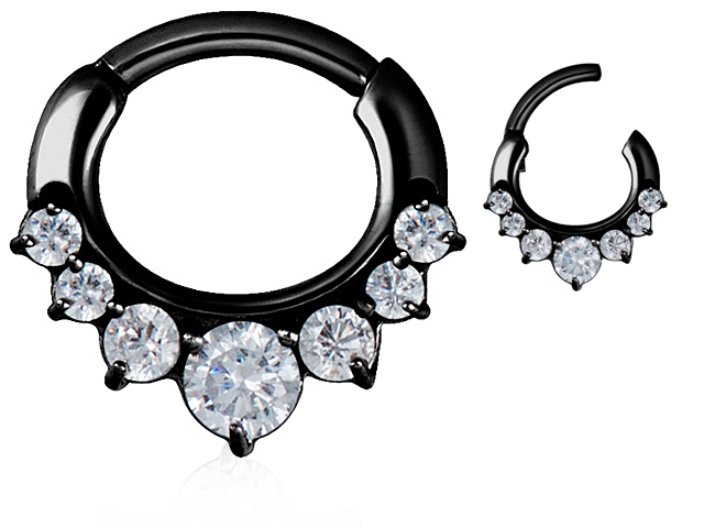 BLACK PVD STEEL JEWELLED SEPTUM CLICKER.CURVED BAR, 7CUBIC,PRONG