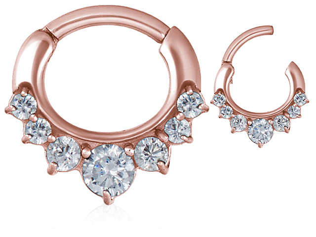 ROSE GOLD PVD STEEL JEWELLED SEPTUM CLICKER.  CURVED BAR, 7CUBIC