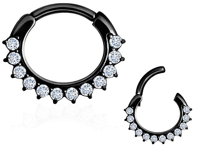BLACK PVD STEEL JEWELLED SEPTUM CLICKER.CURVED BAR, 8 CUBIC,PRON