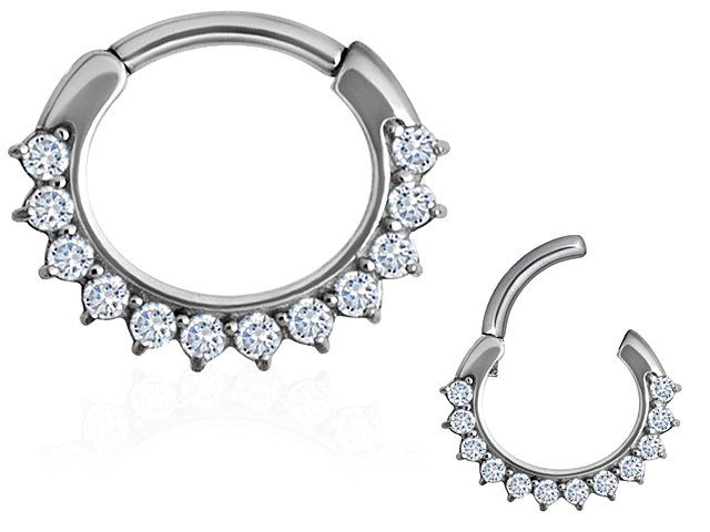 SS316L JEWELLED SEPTUM CLICKER.  CURVED BAR, 12 CUBIC, PRONG SET