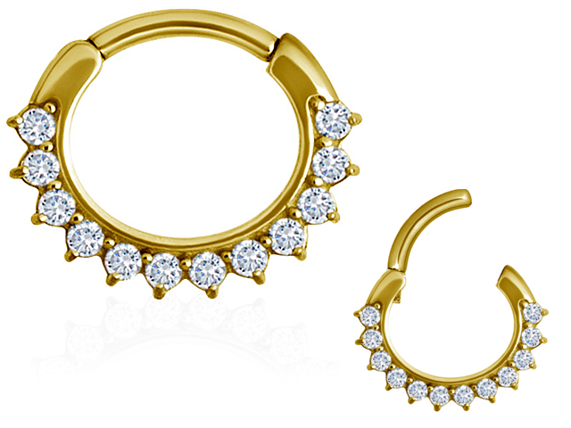 GOLD PVD STEEL JEWELLED SEPTUM CLICKER.CURVED BAR, 12CZ ,PRONG S