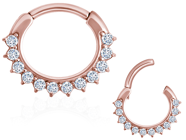 ROSE GOLD PVD STEEL JEW. SEPTUM CLICKER. CURVED BAR, 12CZ, PRONG