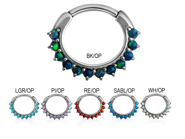 SS316L JEWELLED SEPTUM CLICKER.CURVED BAR, w.OPAL PRONG SETTING