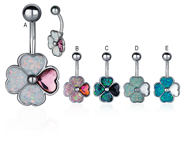 SS316L OPAL INLAY AND CRYSTAL BANANA  (4 LEAF CLOVER)