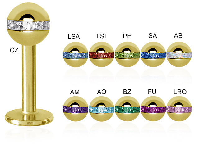 GOLD PVD LABRET JEWELLED CRYSTAL ORBIT BALL (16GA/4MM,GLOSS FINI