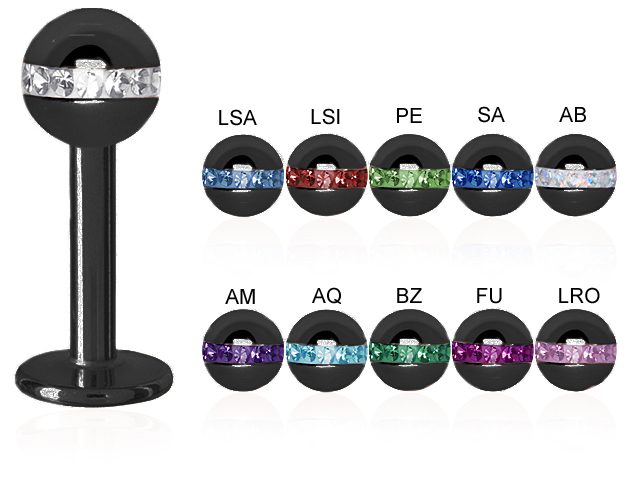 BLACK PVD LABRET JEWELLED CRYSTAL ORBIT BALL (16GA/4MM,GLOSS FIN