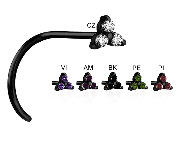 BLACK PVD NOSE STUD (TRINITY, CZ PRONG SETTING) - PIGTAIL